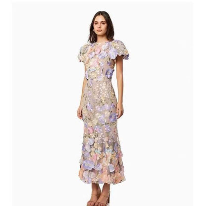 Embroidered 3D Flower Puff Sleeve Midi Dress