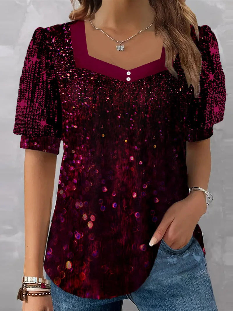 Short Sleeve V-neck Graphic Printed Sequins Stitching Top