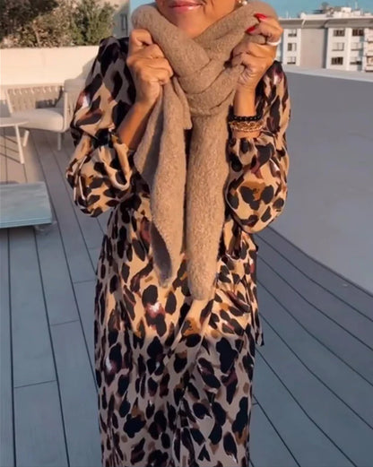 V-neck Leopard Long Sleeve Dress