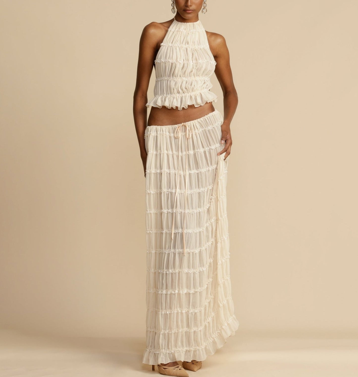 Versatility And Vintage Charm Pleated Drawstring Waist Tiered Maxi Skirt