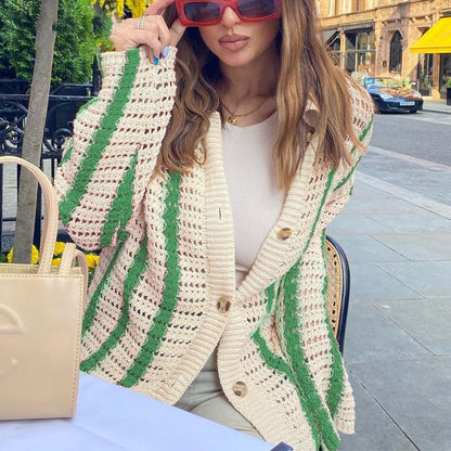 Striped Hollow Knitted Cardigan Suit