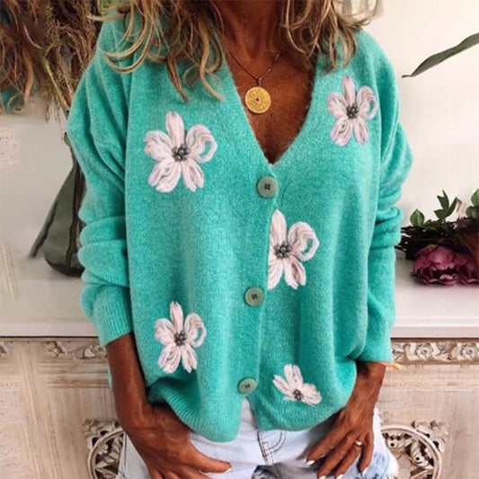 Long Sleeve Cardigan Embroidered V-Neck Knit Sweater