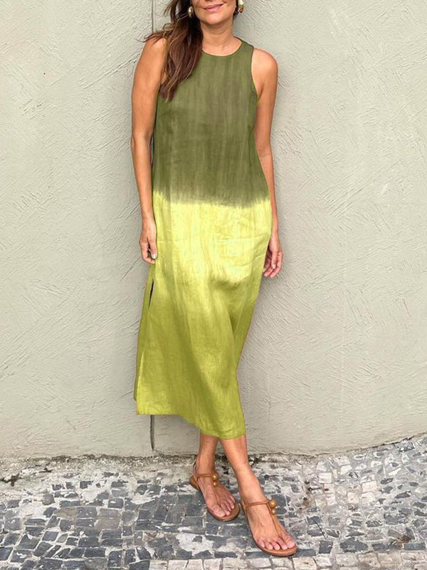 Cotton and linen sleeveless slit gradient dress