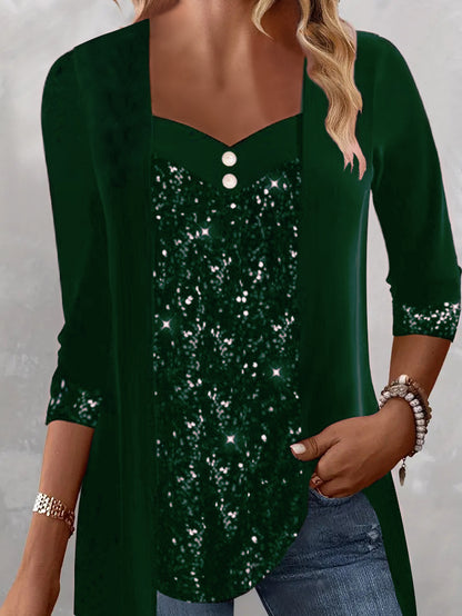 Sequined Patchwork Button Long Sleeve Top