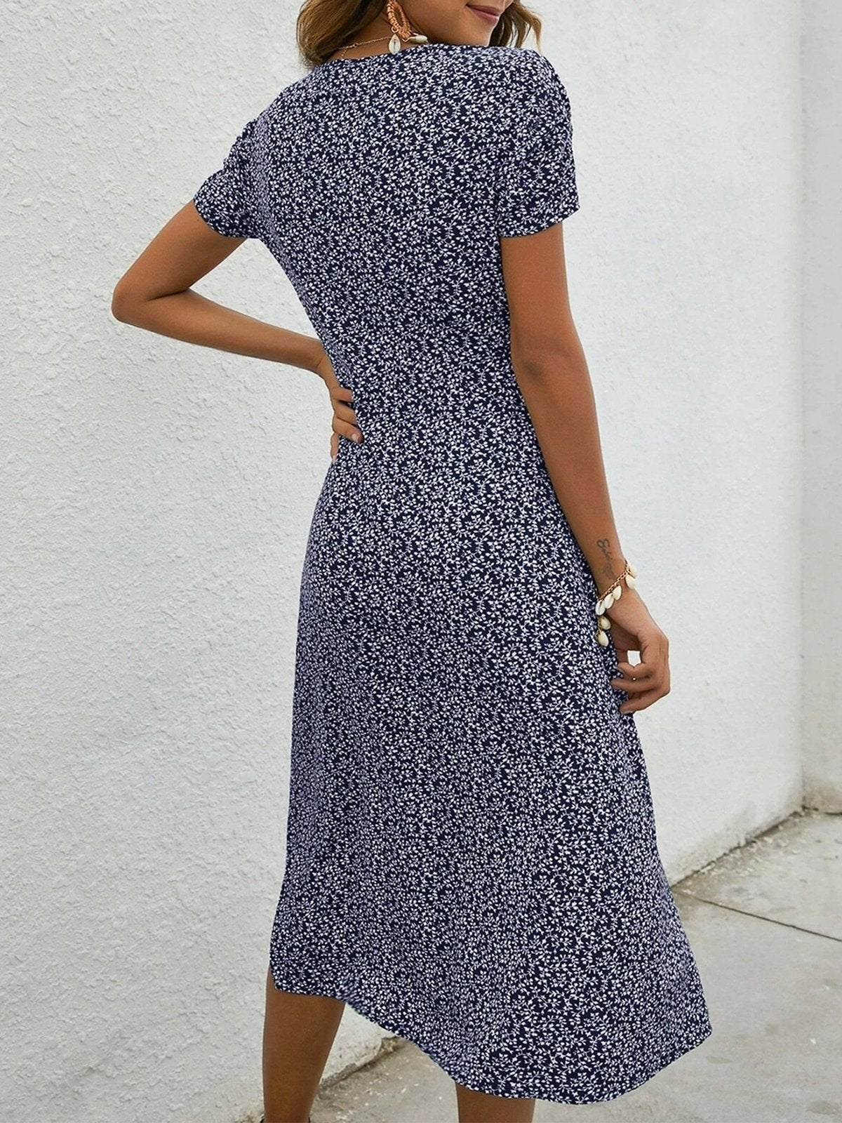 Navy Short Sleeve V-Neck Midi Dress