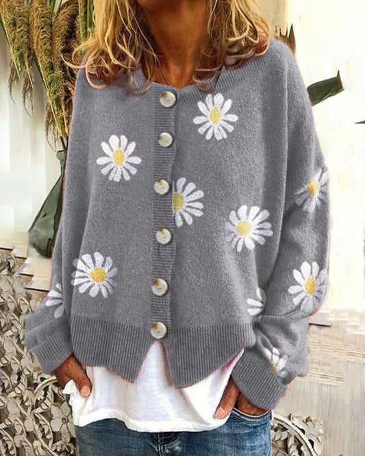 Round Neck Floral Embroidery Knitted Sweater Cardigan