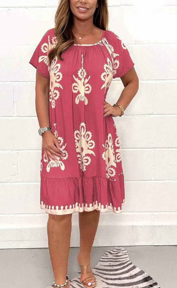 Vintage Print Round Neck Dress