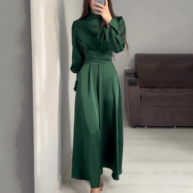 Long-sleeved Waisted Puff-sleeved with Green Tie Design Dress