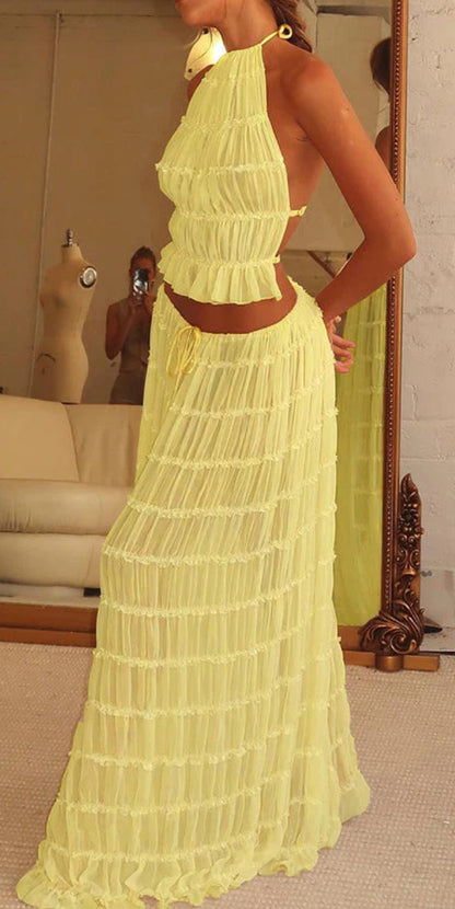 Versatility And Vintage Charm Pleated Drawstring Waist Tiered Maxi Skirt