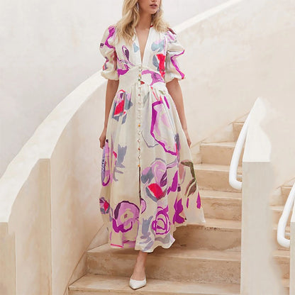 Floral Print Front Buttons Midi Dress