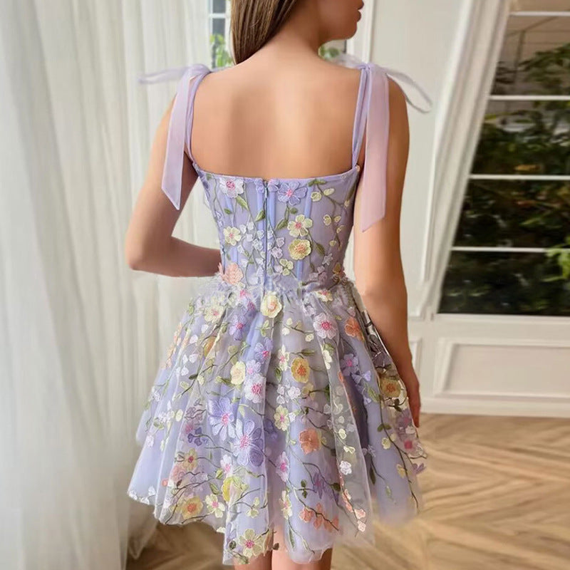 3D Flower Embroidered Suspender Mini Dress