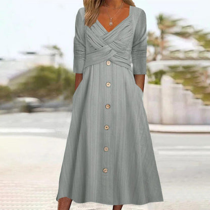 Long Sleeve V-neck Button Cross Design Midi Dress