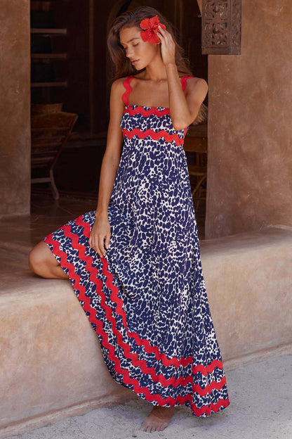 Strappy Printed Maxi Dress with Wavy Edge Detail