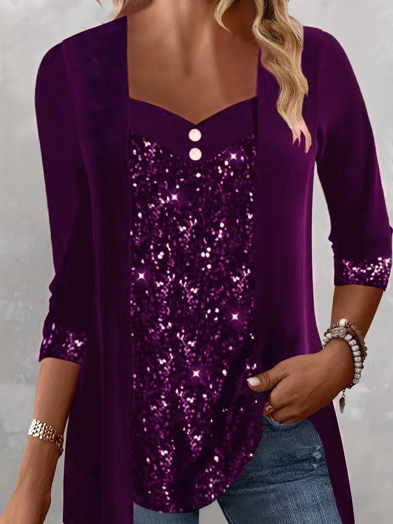 Sequined Patchwork Button Long Sleeve Top