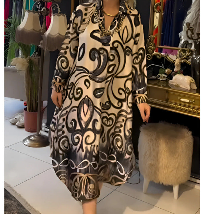 U-neck Printed Trumpet Sleeve Dress