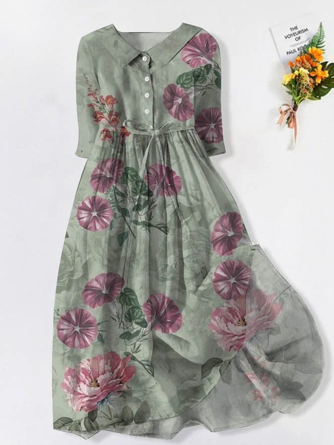 Vintage Floral Design Print Lace-Up Midi Dress