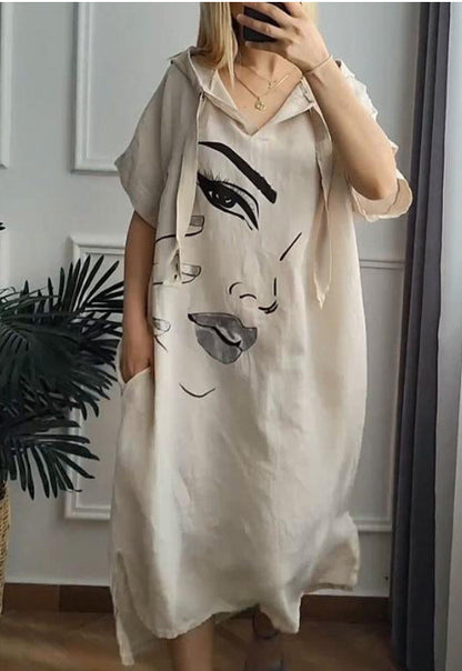 Women's casual hooded cotton and linen dress