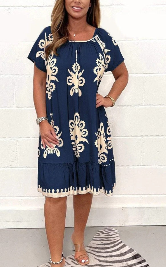 Vintage Print Round Neck Dress