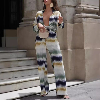 Tie-Dye Lapel Top Printed Trousers Two-Piece Set