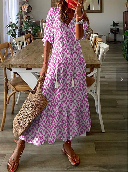 V-neck Printed Mustache Maxi Dress