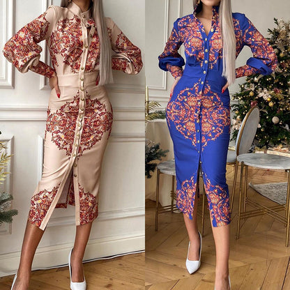 Stand Collar Long Sleeve Printed Midi Dress