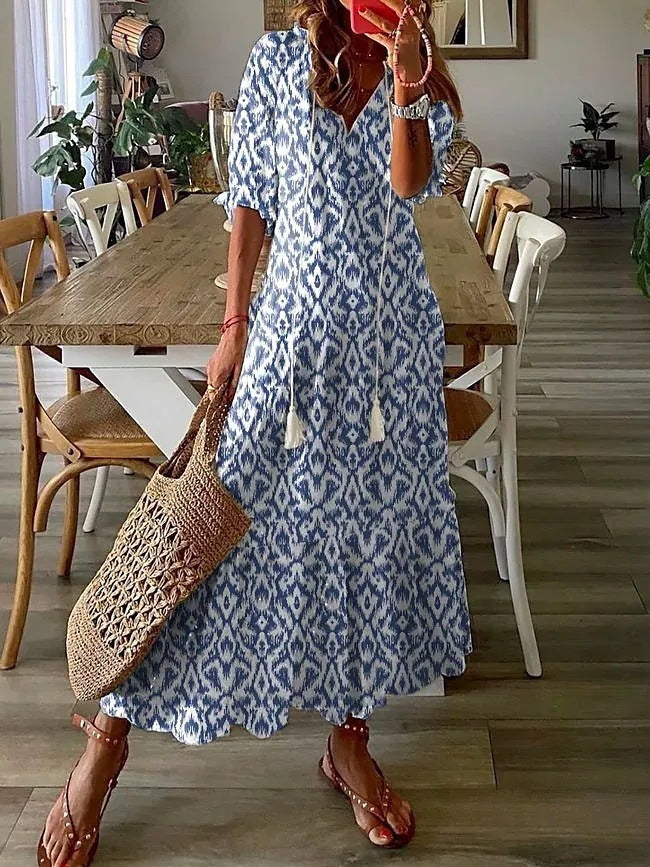 V-neck Printed Mustache Maxi Dress