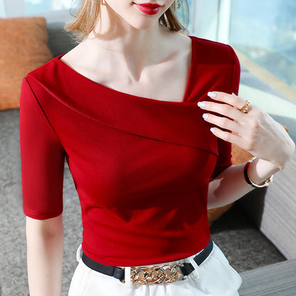 Chic Neck Plain Short Sleeve Top