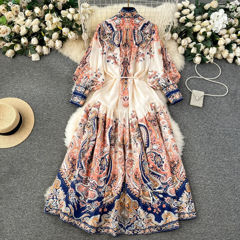 Stand Collar Buttoned Vintage Print Maxi Dress