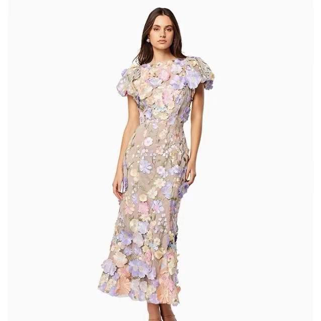 Embroidered 3D Flower Puff Sleeve Midi Dress