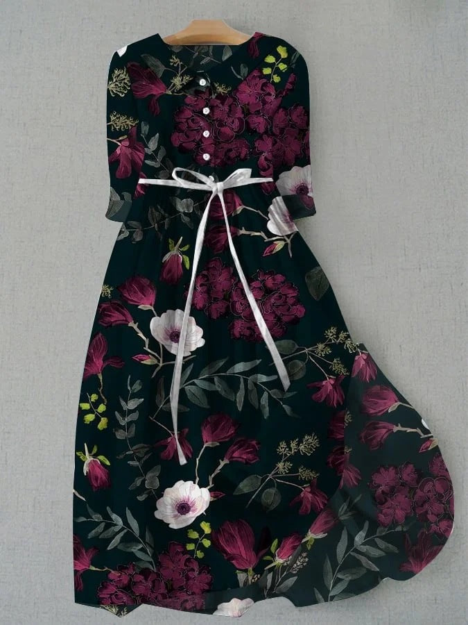 Floral Design Print Lace-Up Dress