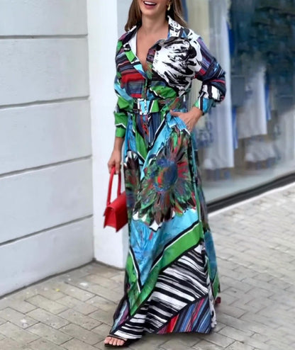 Printed Low-cut V-neck Maxi Dress