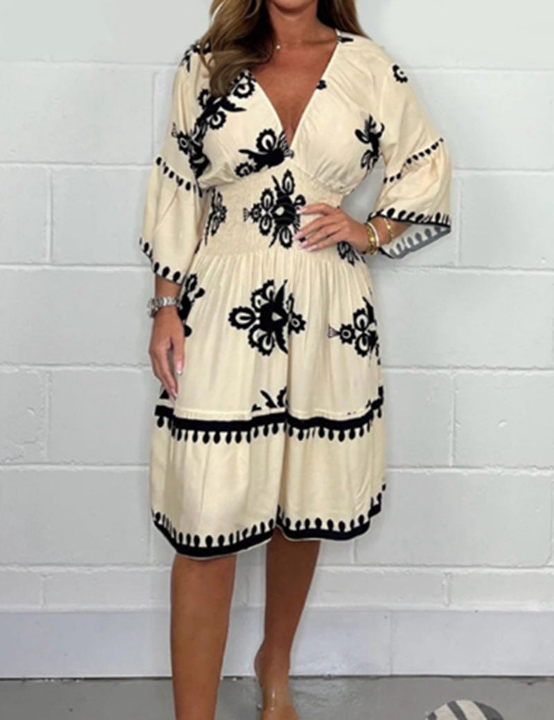 Irregular Printing V Neck Dress