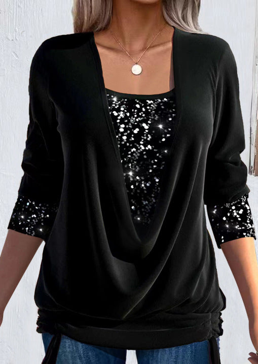 Sequins V-Neck Graphic Stitching Top