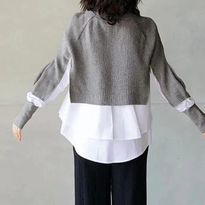 Knit Patchwork Fake 2in1 Long Sleeve Blouse