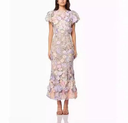 Embroidered 3D Flower Puff Sleeve Midi Dress