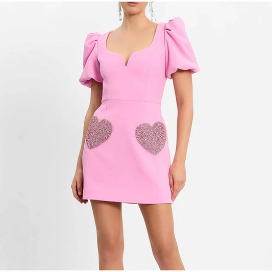 V-neck sweet pink puff sleeve sequin dress