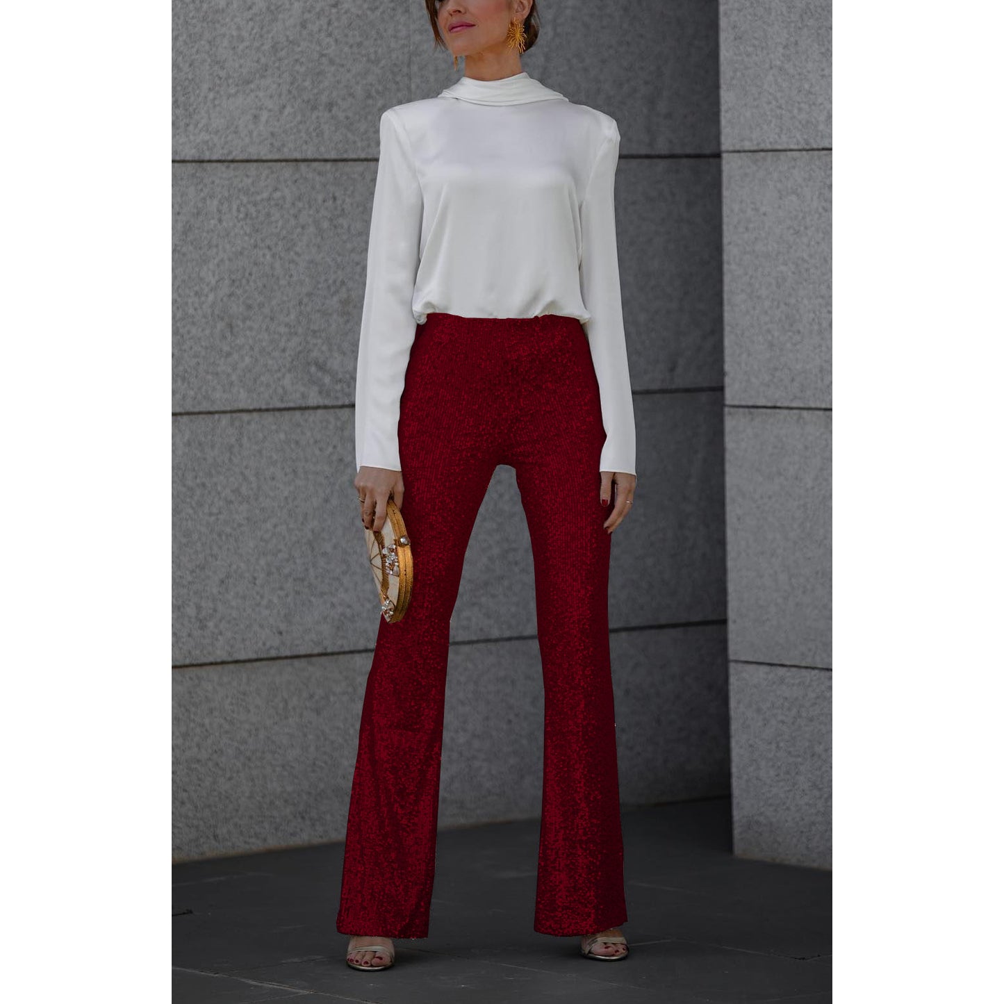 Diva Sequin High Rise Elastic Waist Flare Pants