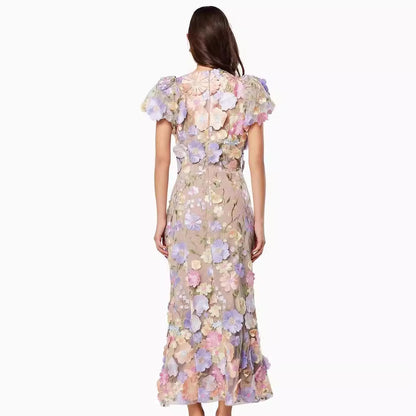 Embroidered 3D Flower Puff Sleeve Midi Dress