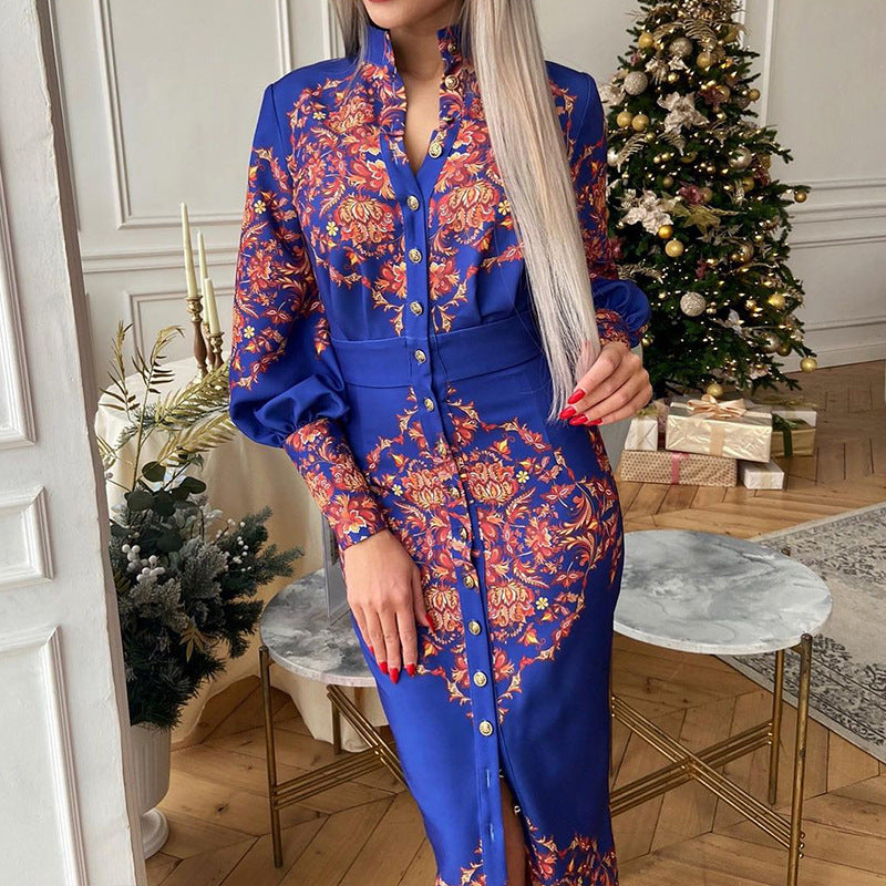 Stand Collar Long Sleeve Printed Midi Dress