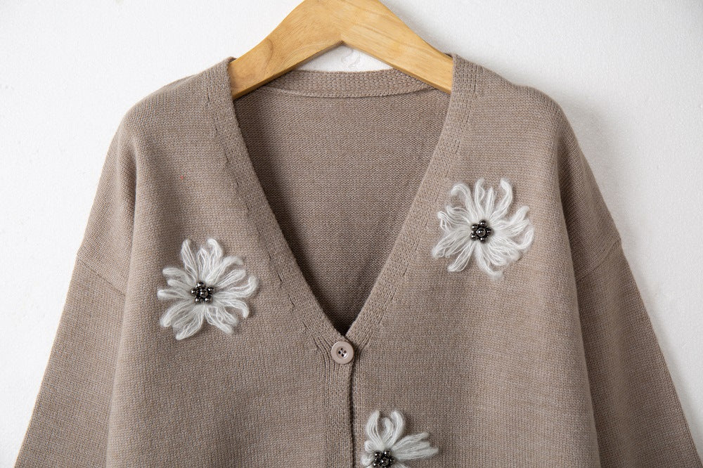 Long Sleeve Cardigan Embroidered V-Neck Knit Sweater