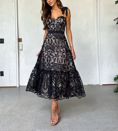 V-neck Embroidered Lace Waisted Dress