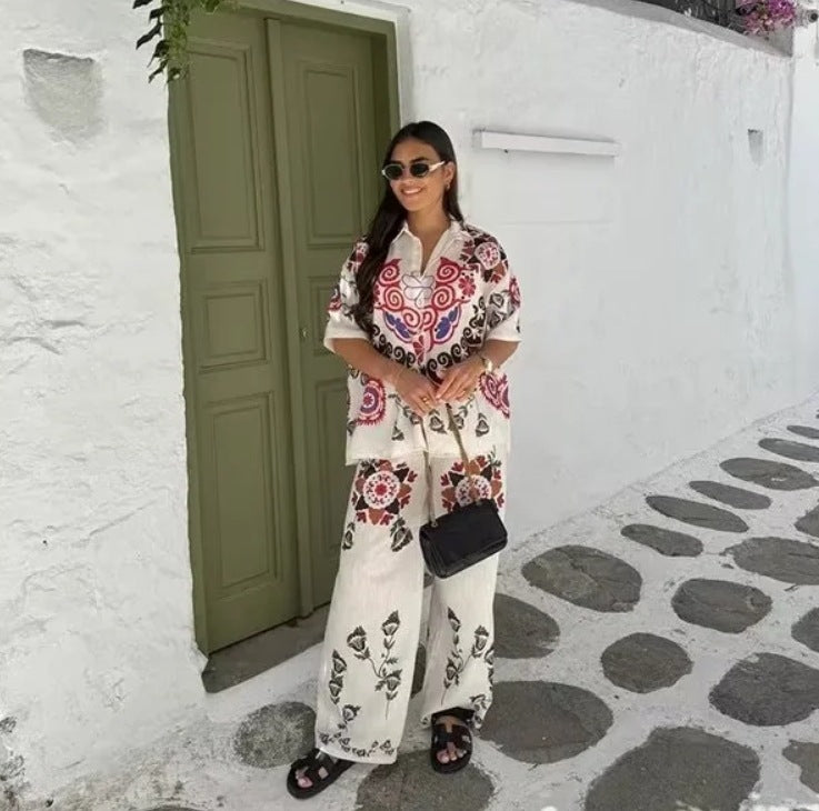 Short Sleeved Shirt and Printed Trousers Suit