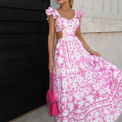 Shoulder Pad Printed Waist Cutout Maxi Dress