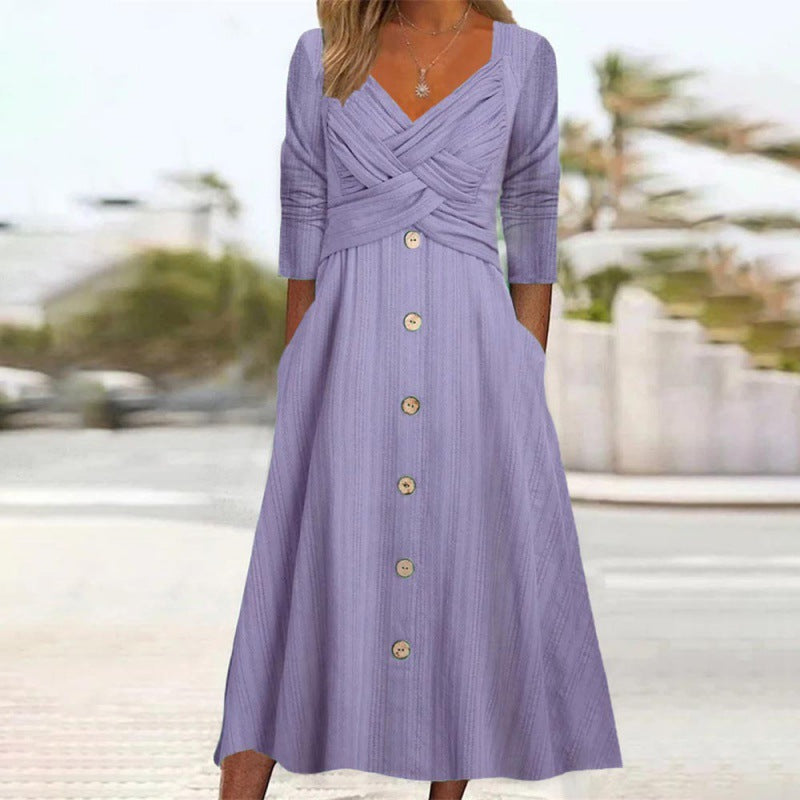 Long Sleeve V-neck Button Cross Design Midi Dress