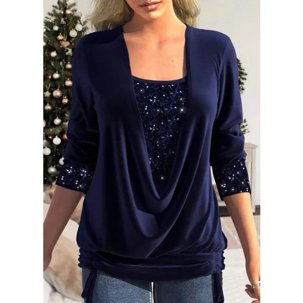 Sequins V-Neck Graphic Stitching Top