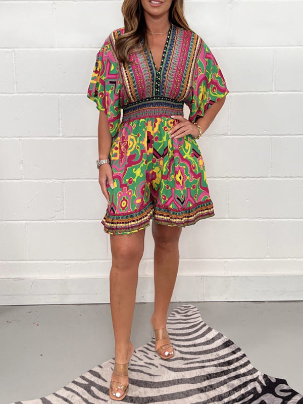 Smocked Waist Flare Sleeve Printed Playsuit