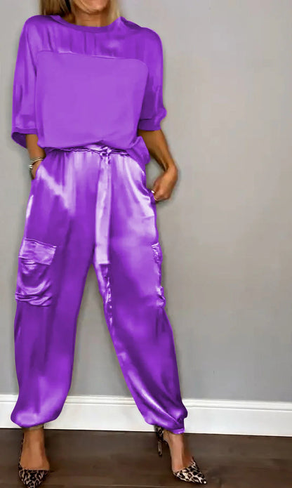 Smooth Satin Half-sleeved Top and Pant Suit Two Piece Set