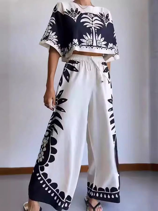 Unique Print Lace Up Wide Leg Pants Suit