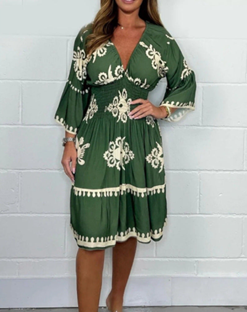 Irregular Printing V Neck Dress