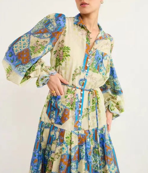 Skye Patchwork Shirtdress In Cornflower